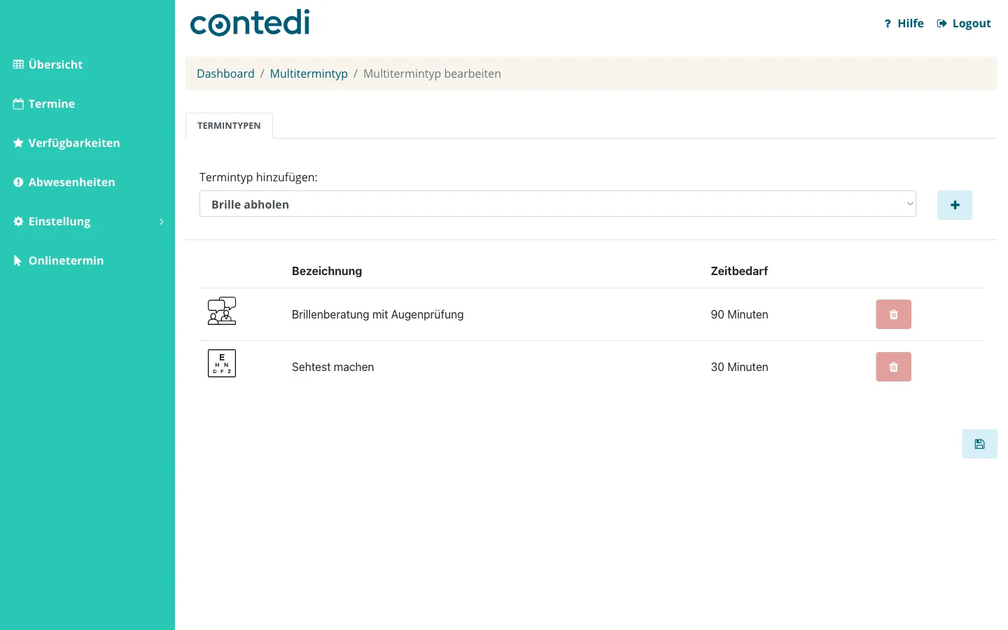 Multitermintyp bearbeiten mit Termintyp-Auswahl, Plus-Symbol und Tabelle der Teiltermine mit Papierkorb