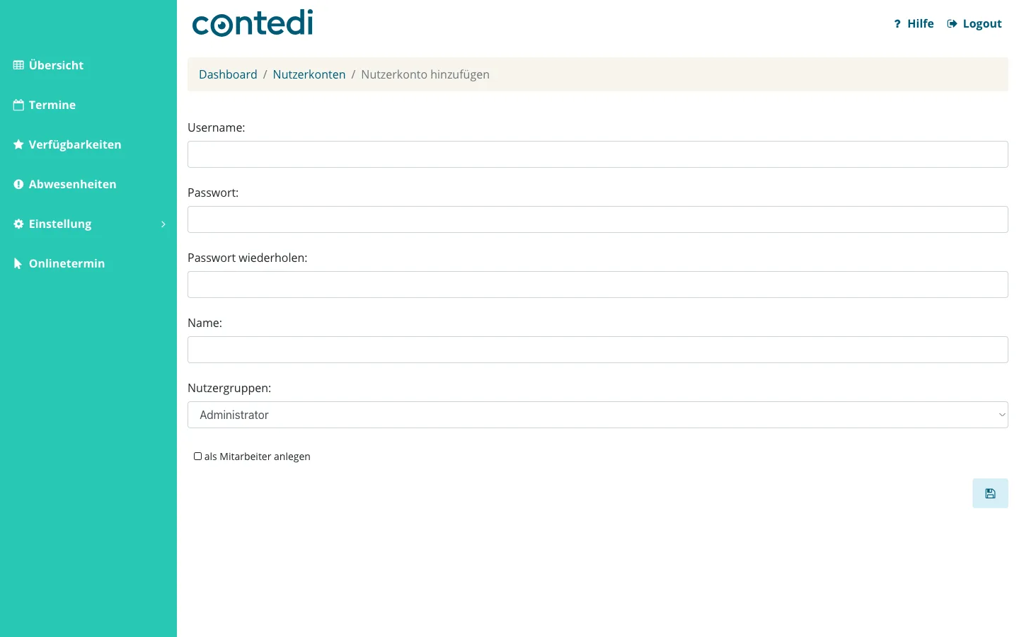 Formular Nutzerkonto hinzufügen mit Username, Passwort, Name, Nutzergruppen und dem Häkchen als Mitarbeiter anlegen