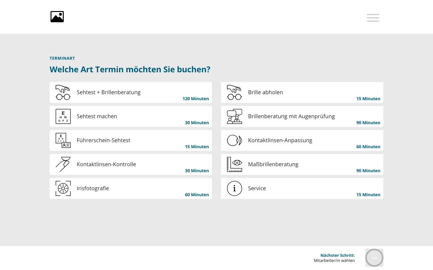 Kundenansicht des Online-Terminkalenders mit Terminart-Kacheln, Firmenlogo und Links zu Impressum und Datenschutz