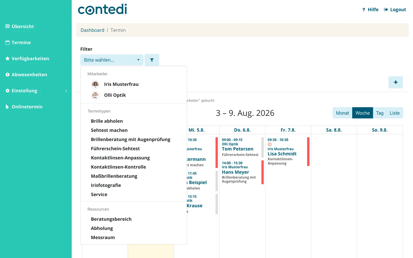 Geöffneter Filter über dem Terminkalender mit Mehrfachauswahl für Mitarbeiter, Termintypen und Ressourcen